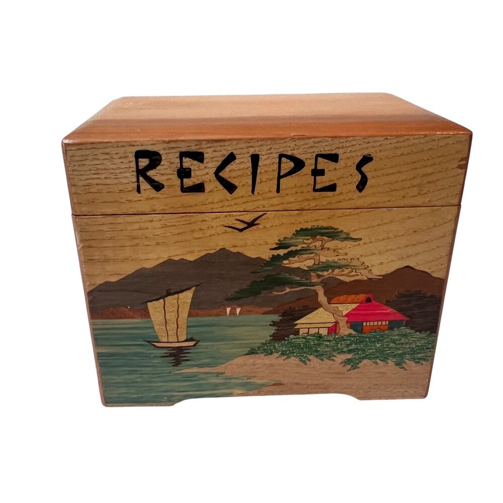 Vintage Nevco Japan Wooden Recipe Box Marquetry Landscape Kitchen Card Box